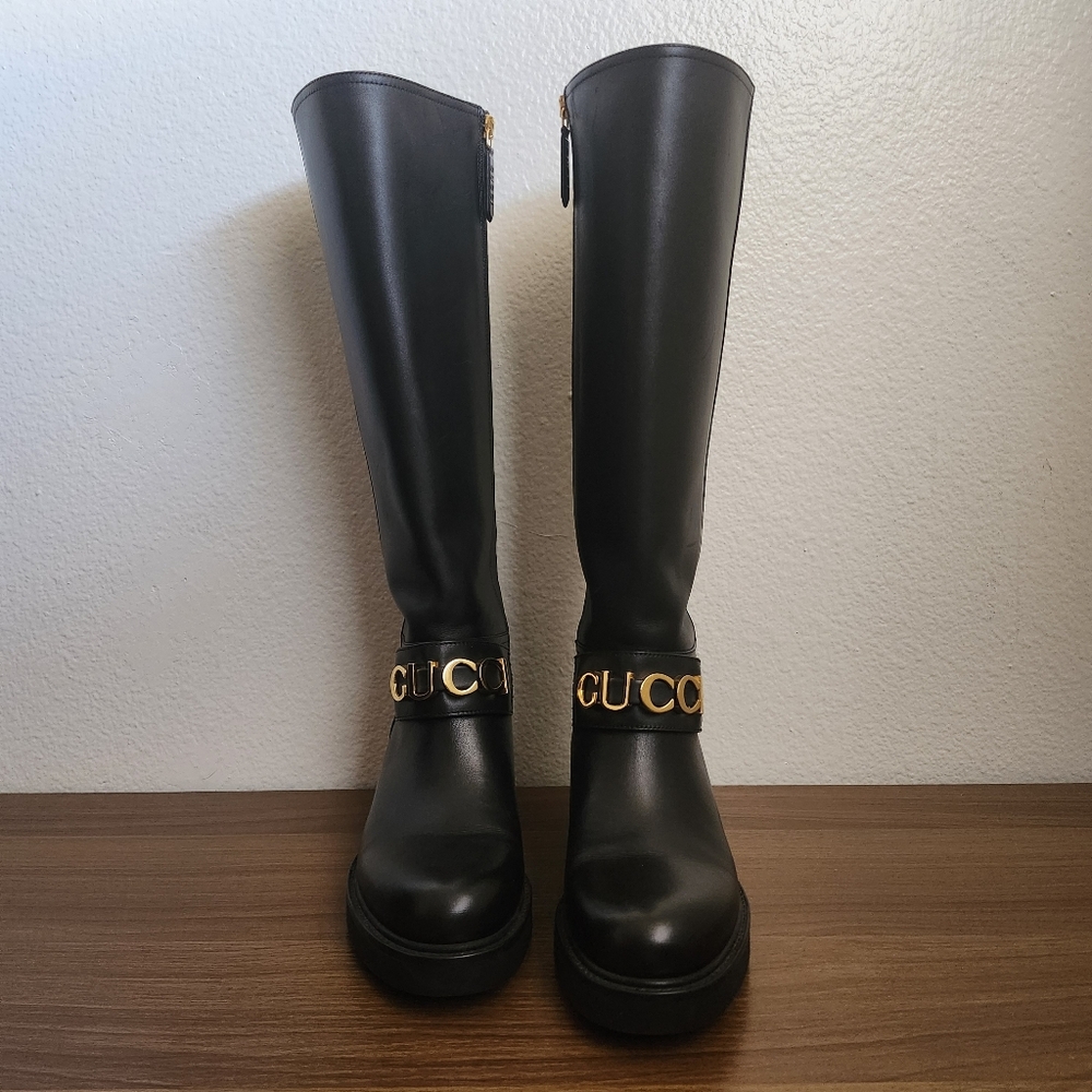 Gucci Leather Logo Riding Boots Black Gold Hardware Size 37 Authentic Knee High